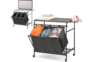 ALIMORDEN Laundry Sorter with Folding Ironing Board Iron Rack, Laundry Hamper Organizer with Sturdy 3 Clothes Bags and 4 Wheels for Laundry Room Dark Grey