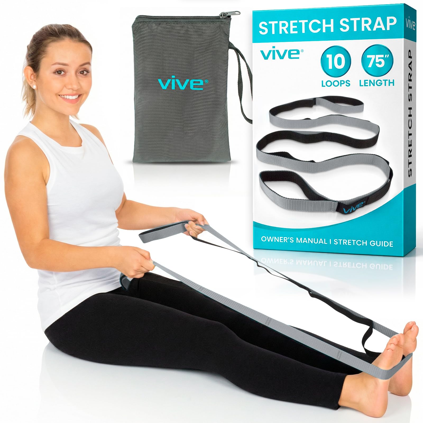Vive Stretch Strap - Leg Stretch Band to Improve Flexibility - Stretching Out Yoga Strap - Exercise and Physical Therapy Belt for Rehab, Pilates, Dance and Gymnastics with Workout Guide Book (Gray)
