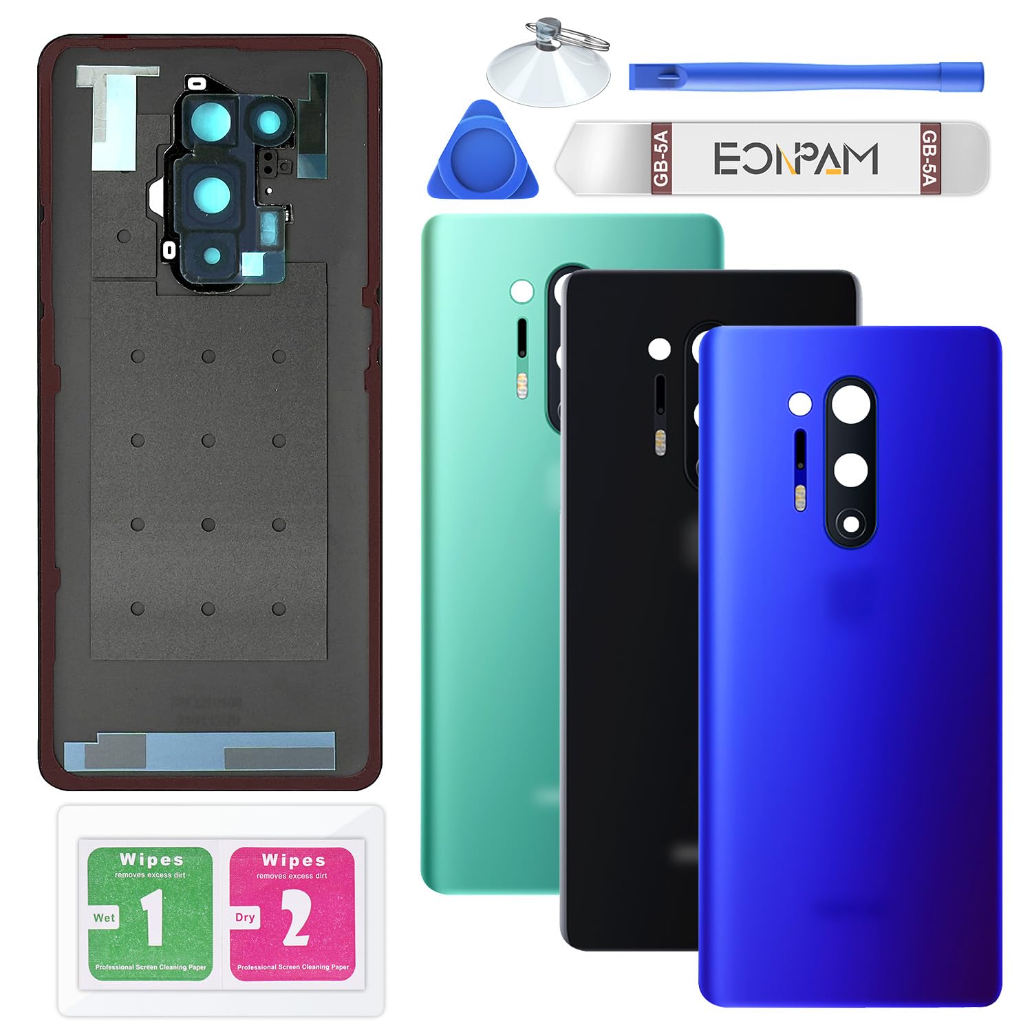 Eonpam Back Cover Glass for oneplus 8 Pro Rear Housing Replacement with Camera Lens + Repair Tool Kit Genuine Rear Glass（Blue）