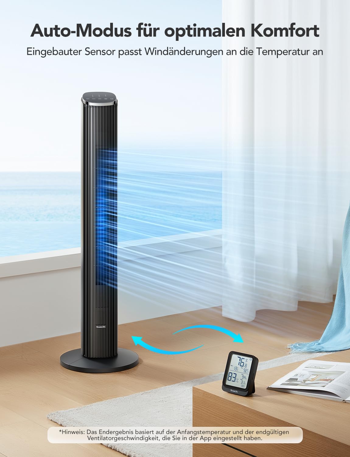 GoveeLife Intelligente leiser Turmventilator, 75° Oszillierende Ventilatoren mit App- und Sprachfernbedienung, 6.3m/s Geschwindigkeit 8 Geschwindigstufen 5 Modi 24 Std-Timer, mit Kühlung 9