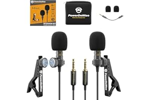 PowerDeWise Professional Grade 2 Lavalier Clip-On Microphones Set for Dual Interview - Double Lav Lapel Microphone - Use for iPhone Phone Camera - Video Recording Noise Cancelling 3.5mm Mic