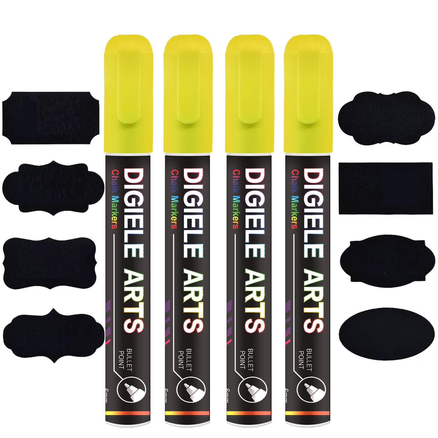 Yellow Chalk Marker Pens, DIGIELE 6mm Yellow Liquid Pen Markers, Dry or Wet Wipe Erase, Reversible Bullet or Chisel Tip for Blackboard, Whiteboard, Window, Glass & Mirror, 4 Pens +16 Chalkboard Labels