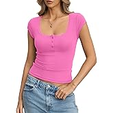 EasyGala Womens Cotton Ribbed Cap Sleeve Tops Lace Henley Button Down Shirts Cute Crop Tshirts Fitted Going Out Clothes