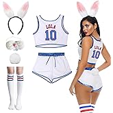 Women Lola #10 Halloween Bunny Costume Set Space Movie Jersey Outfit & Shorts with Bunny Ears Tail Socks White XS-XXL
