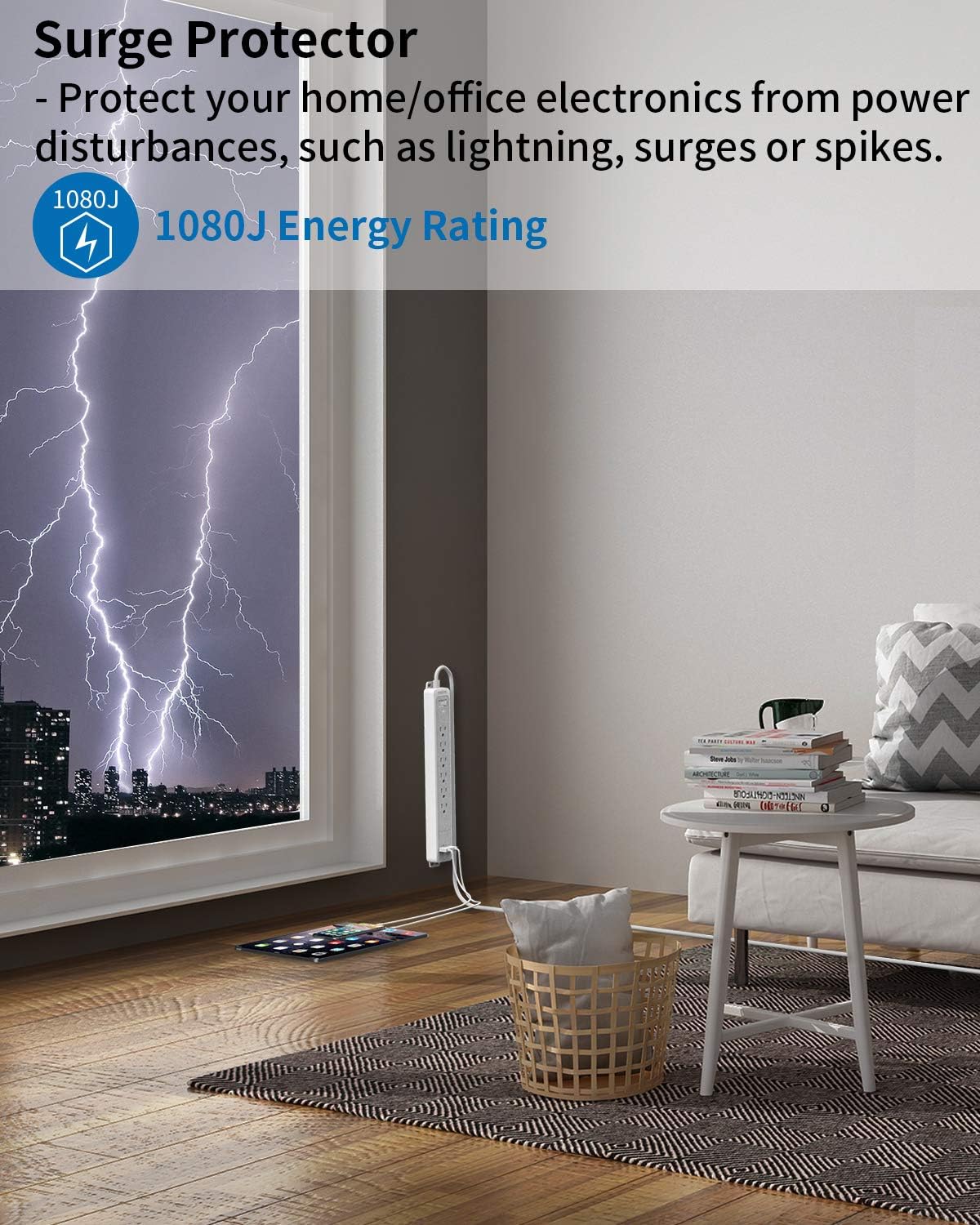 Surge Protector Power Strip Long Cord, NTONPOWER Flat Plug Power Strip with USB, 25 ft Extension Cord, 6 Outlet 2 USB Desktop Charging Station, 1080 Joules, Wall Mountable for Home and Office, White: Home Audio & Theater