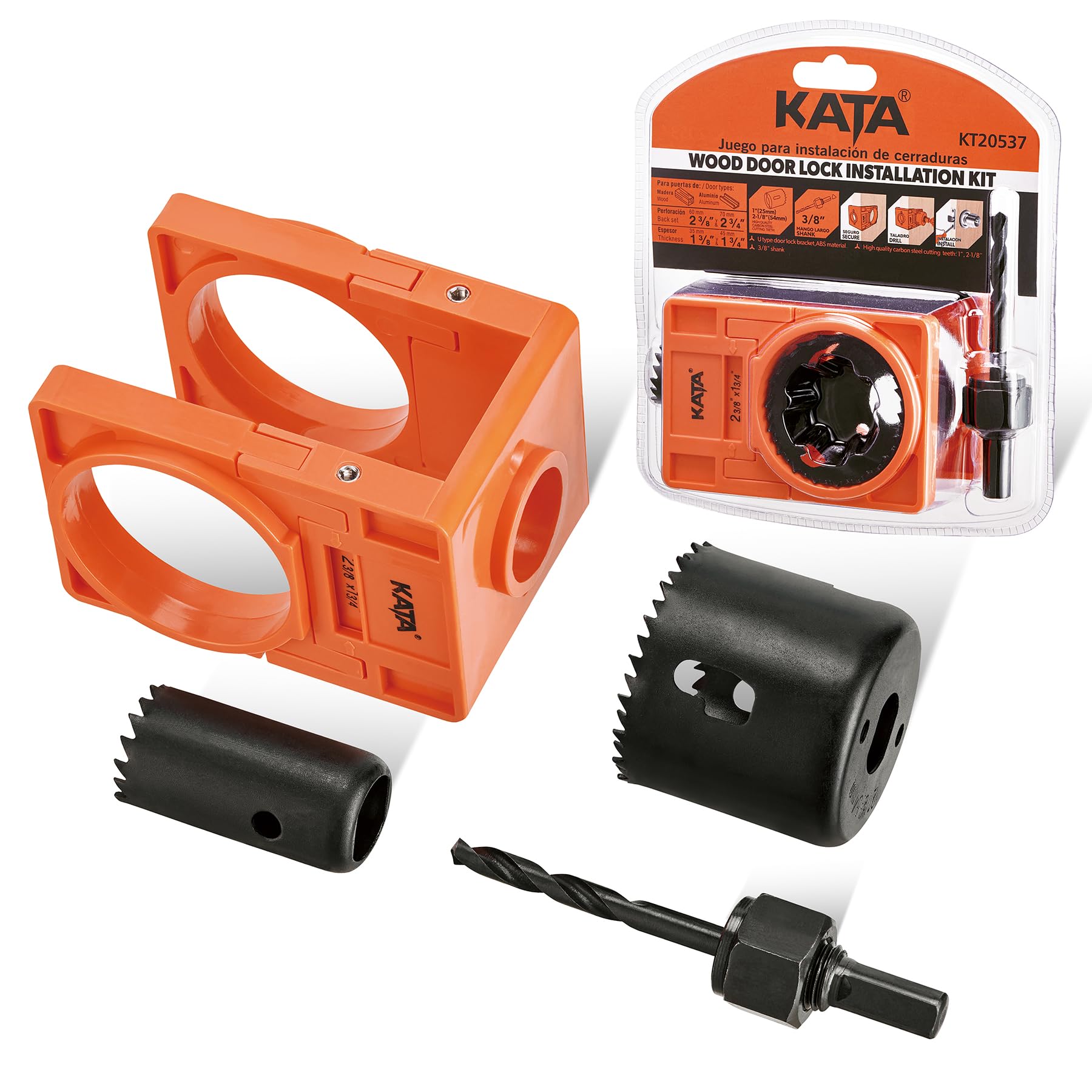 Photo 1 of KATA 1-3/8" - 1-3/4" Door Lock Installation Kit with Large Chip-Clearance Slots, Door Lock Hole Saw for Deadbolts and Locksets for Wooden Doors with Guide Template, Carbon Steel, Orange