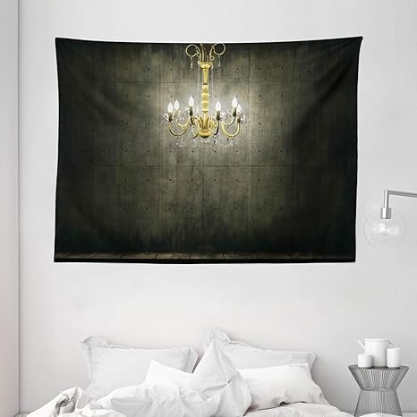 Amazon Co Jp Ambesonne グランジタペストリー クラシックシャンデリア ダークゴシック木製部屋 ヴィンテージスタイルルームピクチャー ワイド壁掛け 寝室 リビングルーム 寮 80インチ X 60インチ グレーイエロー Generic