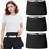 3PCS Server Apron, Black Waitress Apron Short Half Waist Aprons for Waitress Waiter Servers Women Men with 3 Pockets