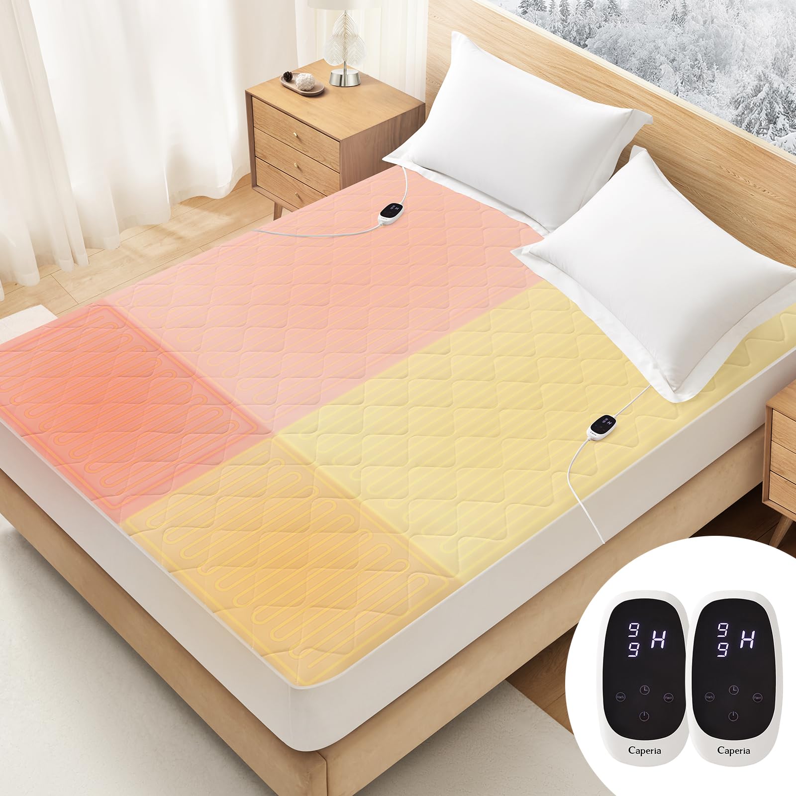 Photo 1 of Caperia Heated Mattress Pad Quilted Multizone electric mattress pad Individual Body and Feet Bed Warmer 9 Heat Settings, 1-12 Hours Auto Off, Deep Pocket, Fast Heating, Machine Washable King 78''x80''