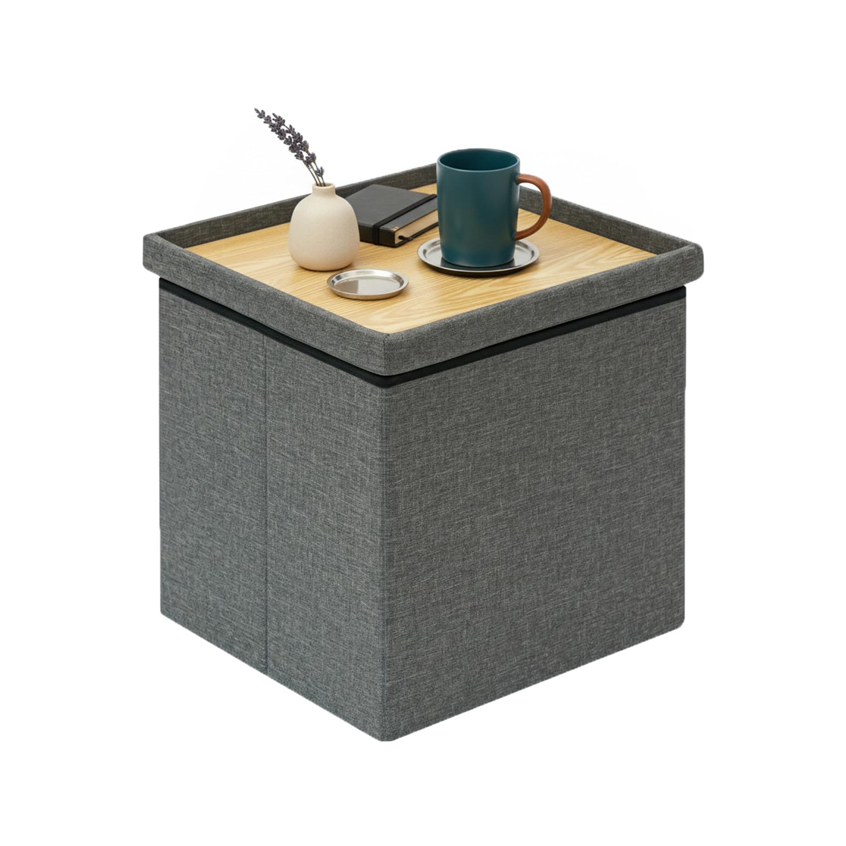 Bonlife Grey Ottoman Coffee Table,Toy Storage Box with Lid,Foldable Stool Seat Footstool with Storage,for Living Room,Bedroom,40.5x38.5x38cm