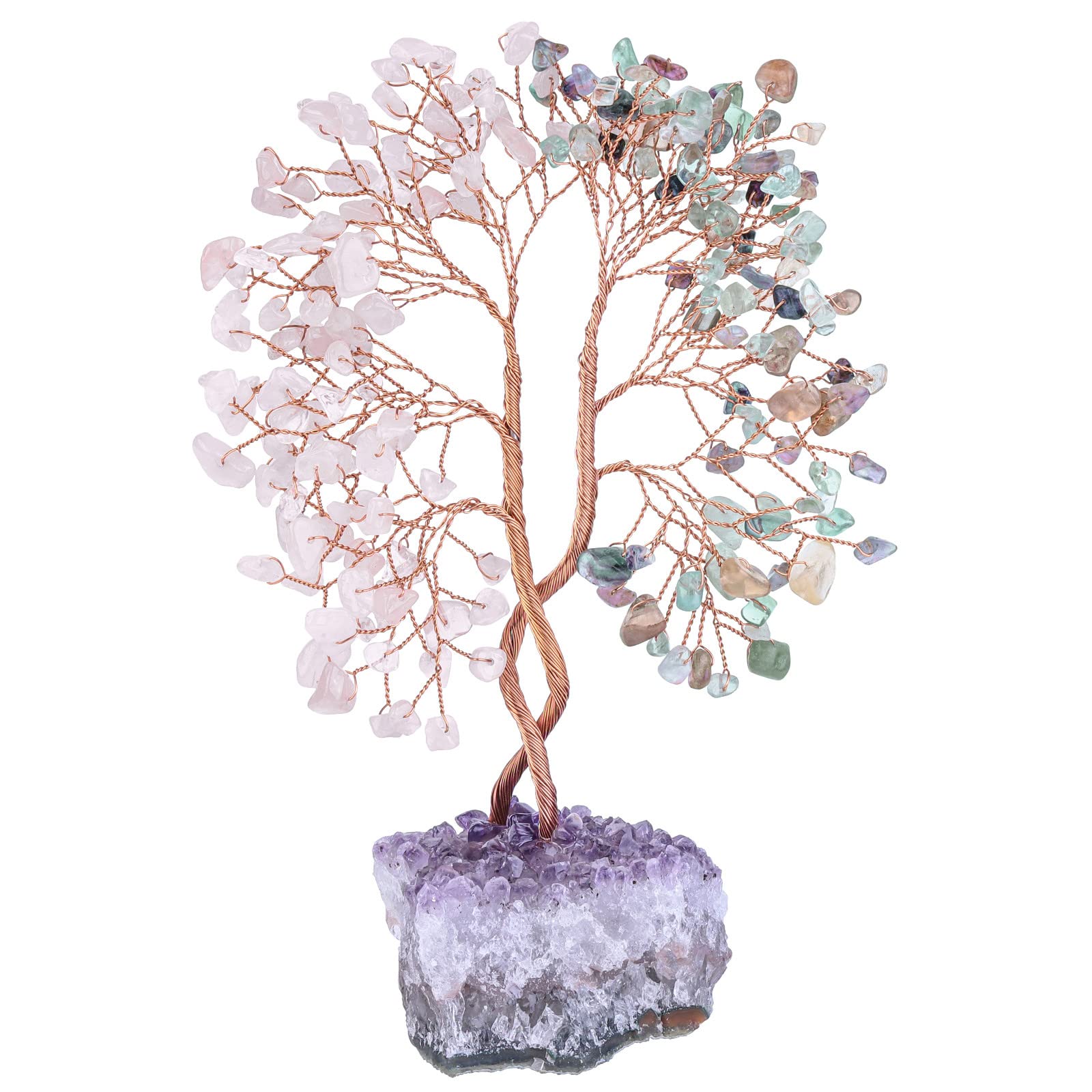Nupuyai Fluorite & Rose Quartz Crystal Tree with Amethyst Cluster Base, Twining Money Tree Figurines Fengshui Ornament for Home Office Wedding Decor