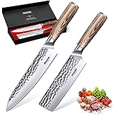 Huusk Japanese Kitchen Knife Set - 2-Piece Professional Chef Knives Set for Kitchen, Hand Forged Nakiri Vegetable Chopping Knife, Meat Cleaver Knife Set for Meat Cutting, Father's Day Gifts for Men
