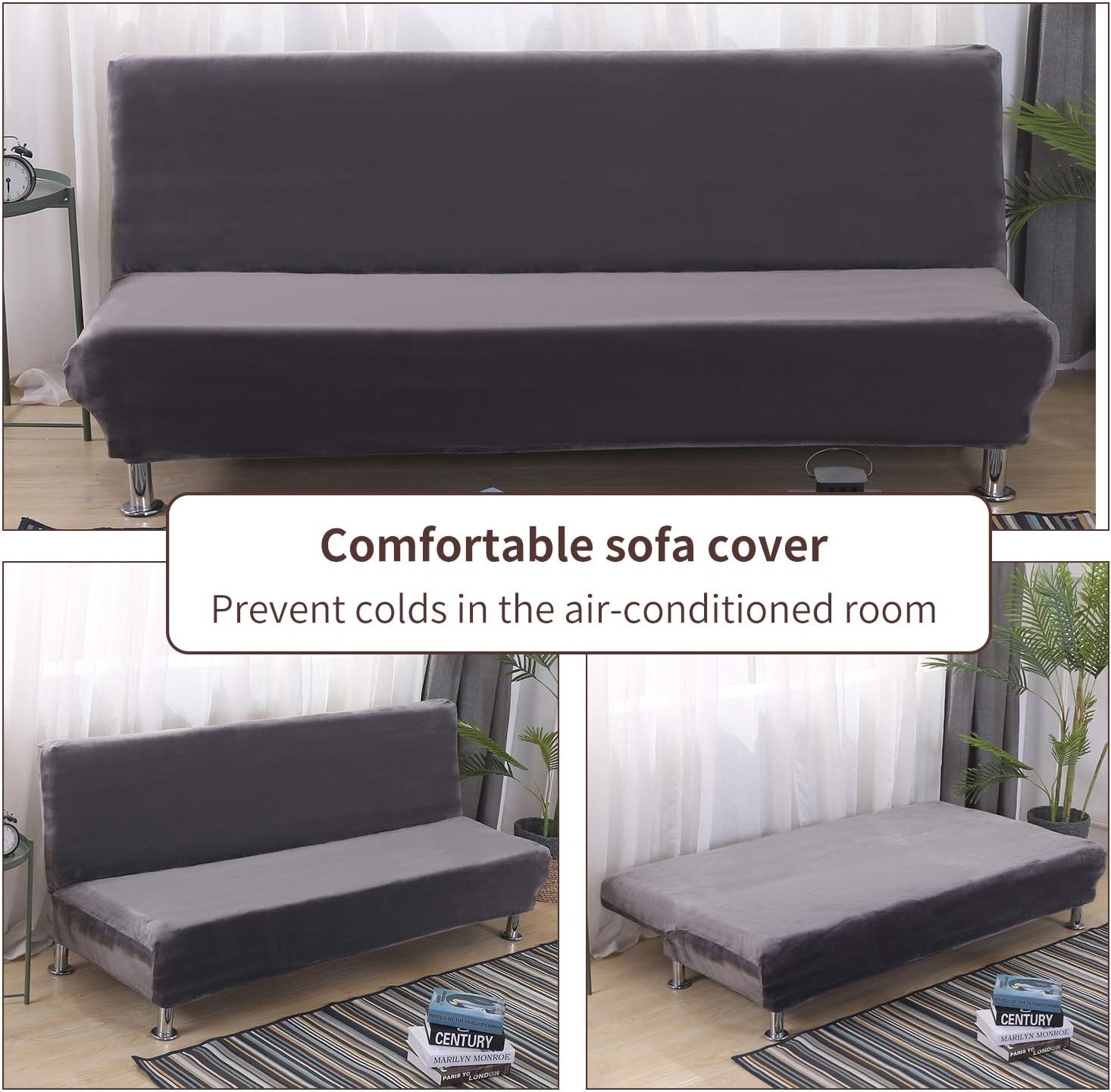 PETCUTE Armless sofa cover stretch futon cover armless folding sofa bed cover velvet Dark gray - Image 3
