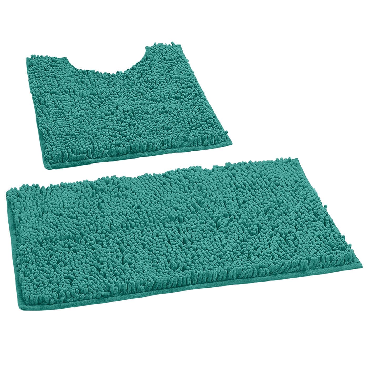 LuxUrux Bath Mat, Luxury Chenille (2-Piece) Bath Mat Set, Soft Plush Anti-Slip Bath Rug + Toilet Mat.1'' Microfiber Shaggy Carpet, Super Absorbent (Curved Set Small, Turquoise)