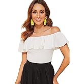 WDIRARA Women's Stretchy Off Shoulder Flounce Sleeve Sexy Slim Blouse Tops Shirt