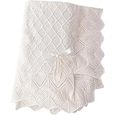 Booulfi Knit White Baby Blankets Neutral,Crib Stroller Newborn Blankets for Boys Girls,Cotton Lace Crochet Winter Blanket Nursery Blanket New Baby Essentials, 38X39