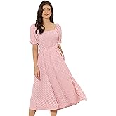 Allegra K Gingham Dress for Women's Peasant Smocked Puff Sleeve Checkered Fit and Flare Midi Dresses