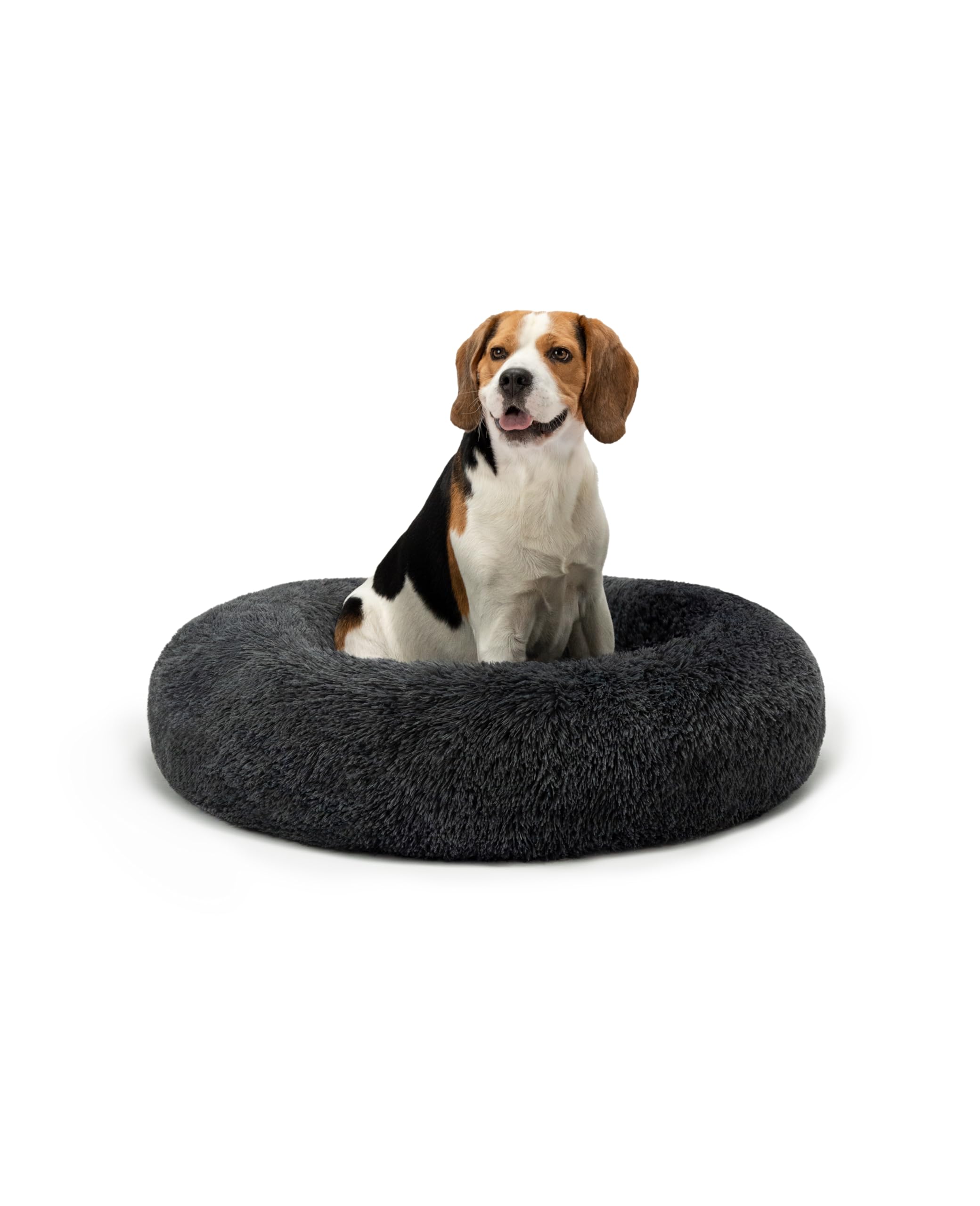 lionto Donut bed for dogs and cats, fluffy round dog bed for small and large pets, Ø 80 cm, soft cat bed made of cuddly plush, dog cushion with extra thick filling, dark grey