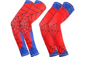 2 Pairs Arm Sleeves for Kids, Breathable & Elastic Spider Web Arm Sleeves Red & Blue Baseball Protection for Youth Sports Eve