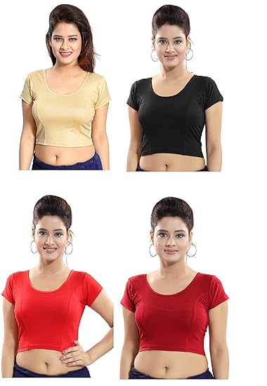 Women's Cotton Saree Blouse Stretchable Crop Top Choli pack of 4