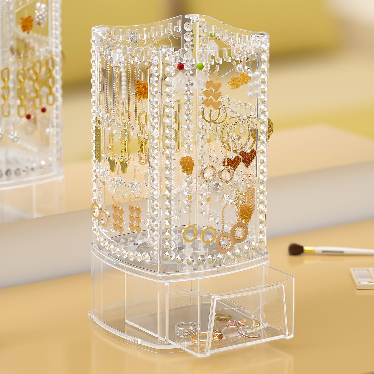 Photo 1 of 360 Rotating Earring Holder with Drawer, Jewelry Holder Organizer, 4 Tiers Jewelry Rack Display Classic Stand, 156 Holes and 160 Grooves for Necklaces, Earrings, Piercings,Easy Assembly Acrylic Clear