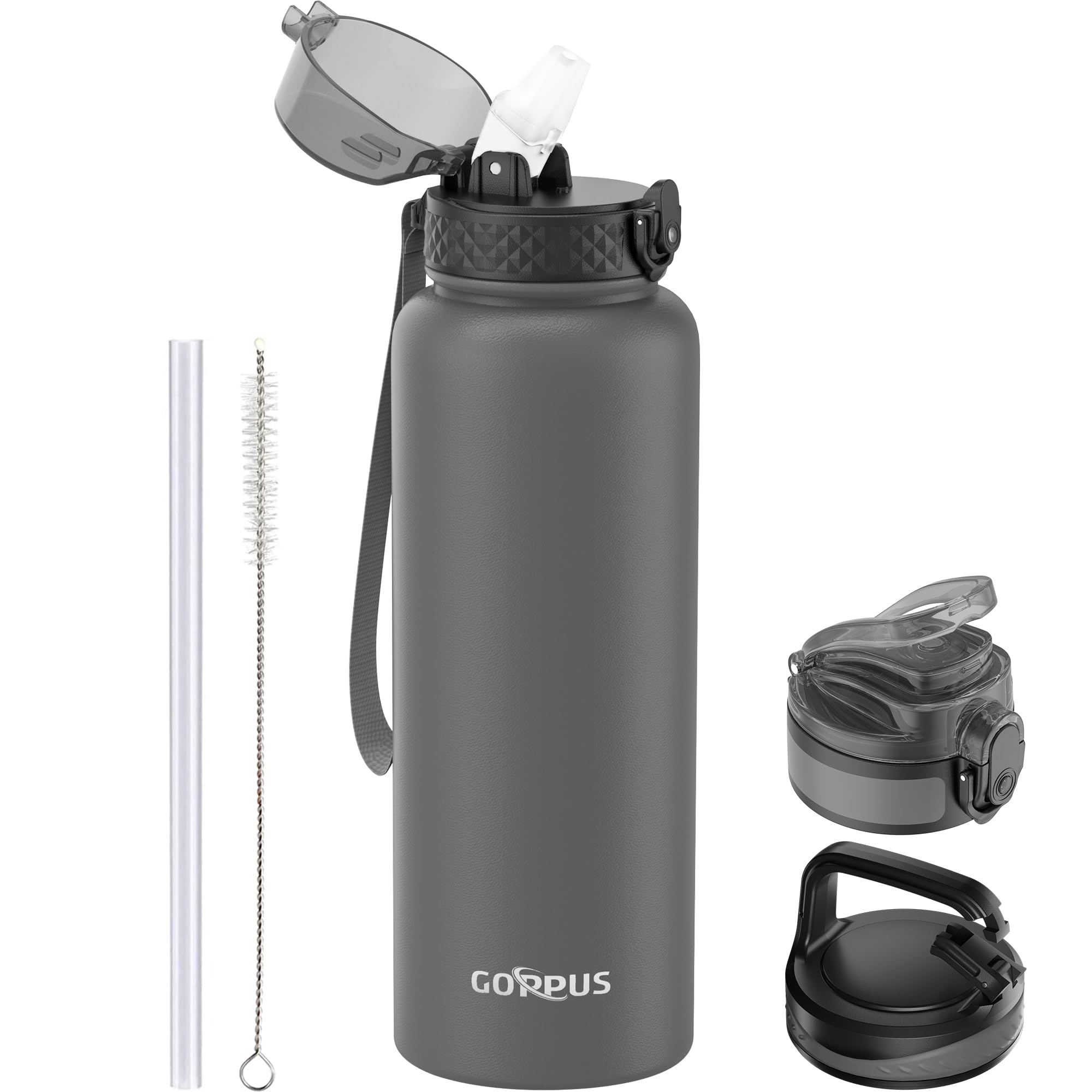 GOPPUS 1.2L/40oz Stainless Water Bottle with Straw Double Wall Insulated Bottles with Strap Large Vacuum Thermal Flask Leakproof Keep Cold Drinks Bottles with Flip Top Lid for Men Women BPA Free
