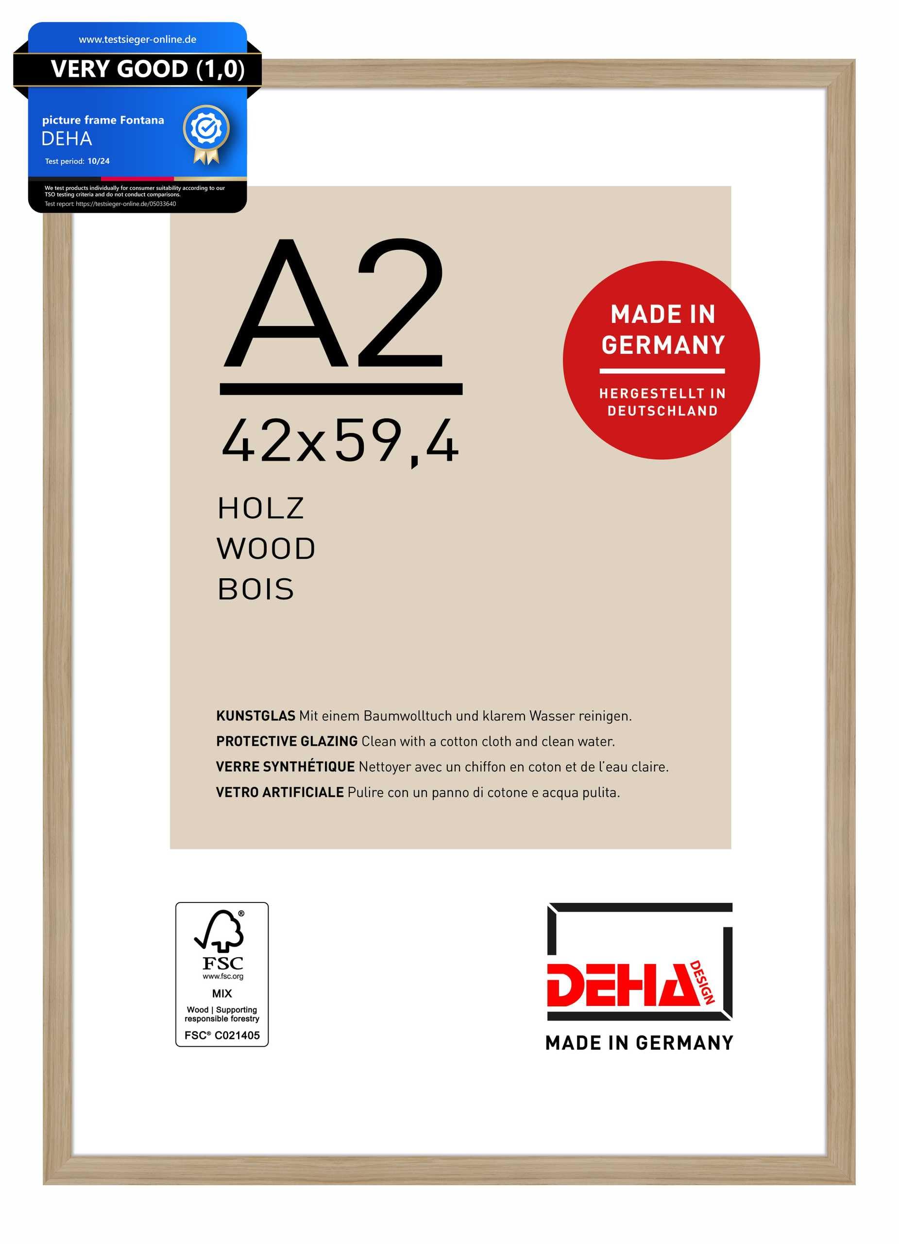 DEHA Design Fontana Wooden Picture Frame - A2 (42x59.4 cm) – Oak - with Synthetic Glass and Push/Turn Clips