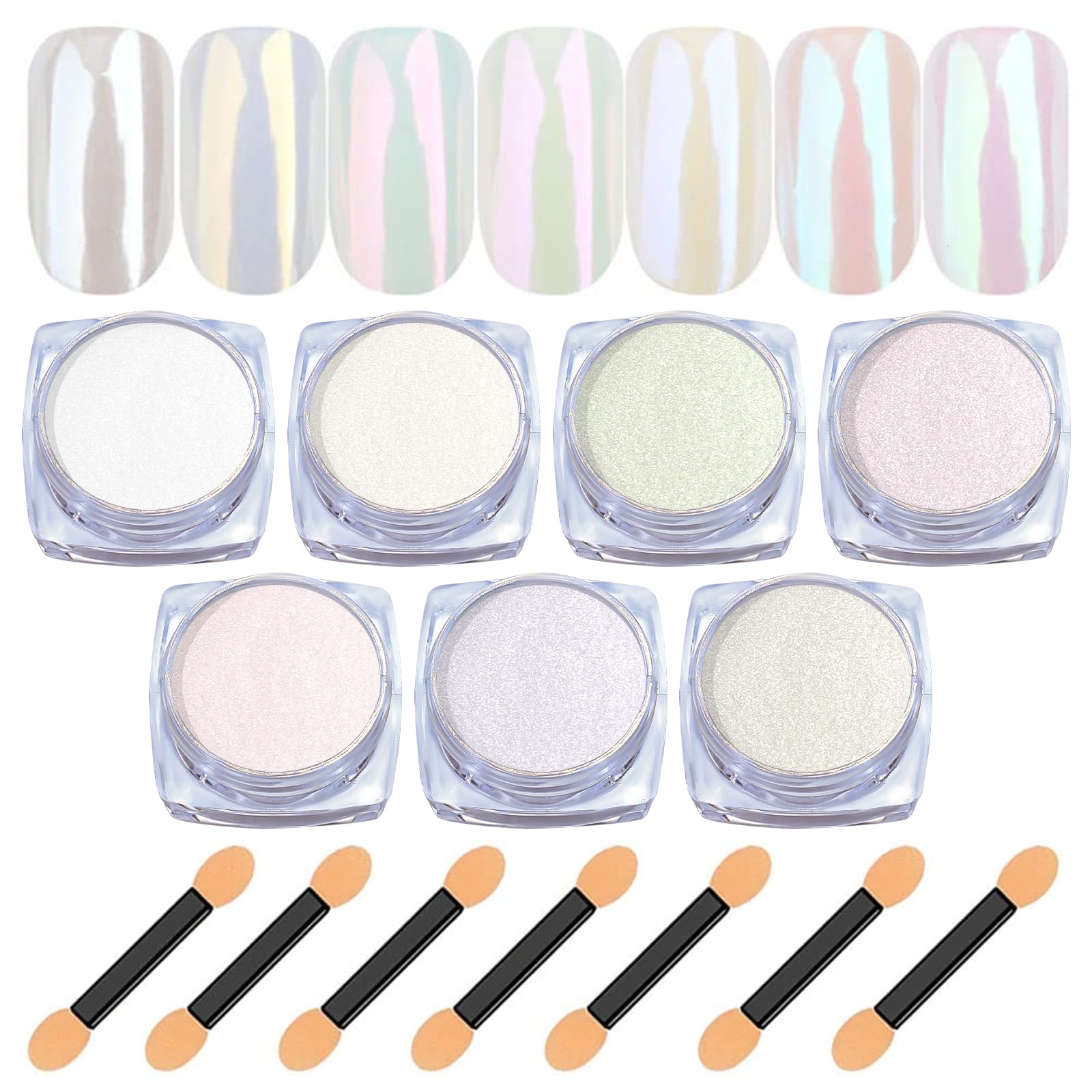 7 Colors White Pearl Chrome Nail Powder - BISHENGYF Aurora Metallic Nail Chrome Powder Holographic Mirror Effect Chrome Powder, Iridescent Shell Powder Glitter Nail Pigment Powder