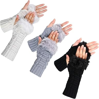 3 Pairs Fingerless Winter Gloves Faux Fur Crochet Warm Middle Length Thumb Hole Fingerless Gloves Arm Warmers at Amazon Women’s Clothing store
