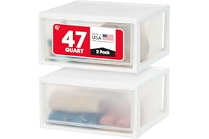 IRIS USA 47 Qt. Extra-Large Stackable Storage Drawer Plastic Drawer Organizer with Clear Doors, for Pantry Bedroom Closet Kitchen Under-Sink Home and Office De-Clutter Shoes and Crafts, White, 2-Pack