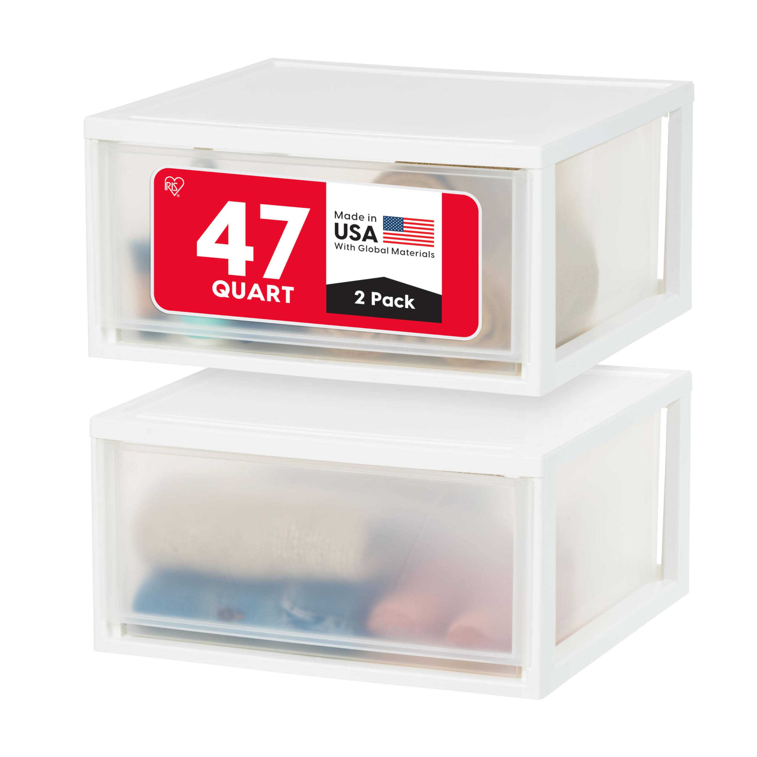 Photo 1 of IRIS USA 47 Qt. Plastic Drawer Storage Organizer Stacking Drawers, 2-Pack, Stackable Unit with Sliding Drawer for Clothes Bedroom Kitchen Under Sink Pantry Craft Room Bathroom Dorm Office, White