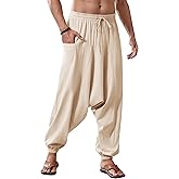 Runcati Mens Harem Pants Baggy Hippie Casual Cotton Linen Loose Boho Yoga Beach Drop Crotch Trouser