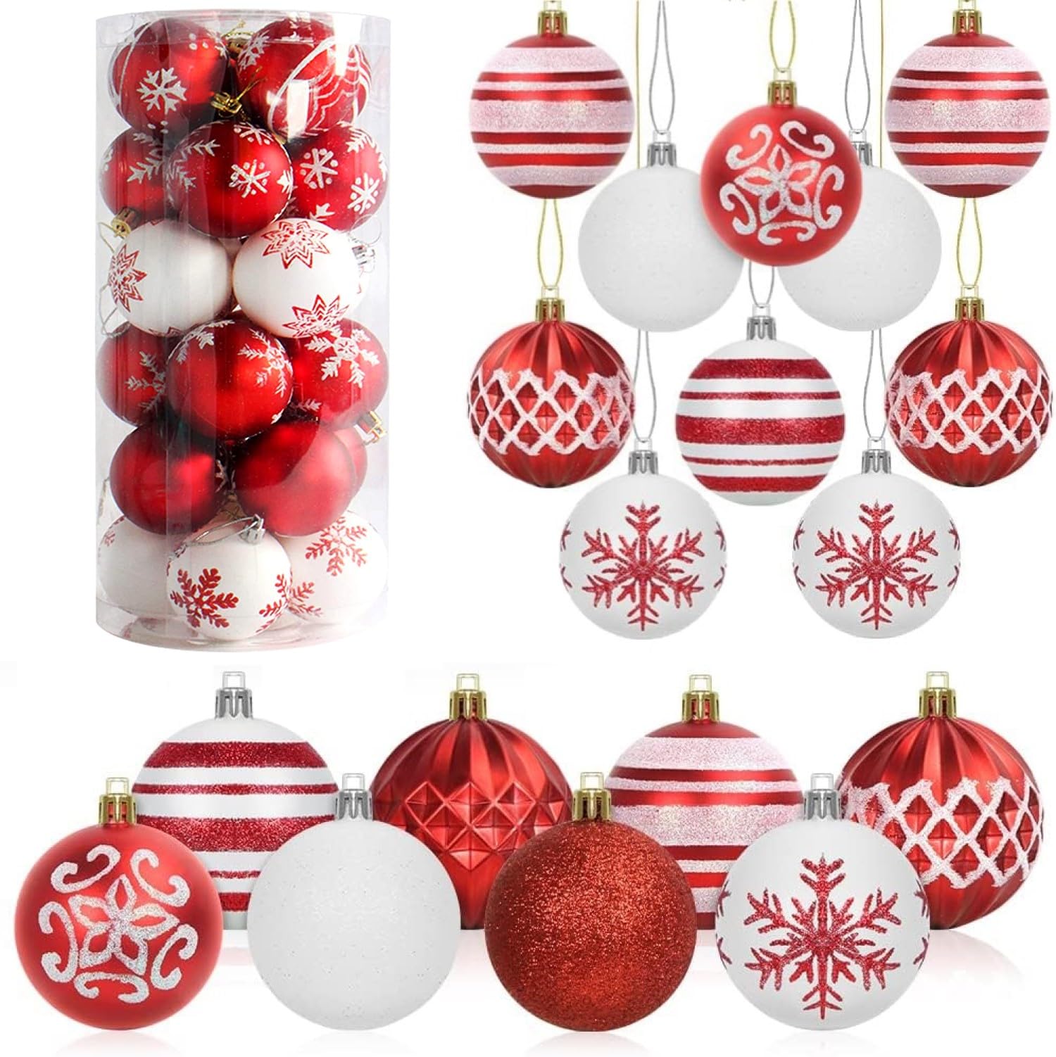 LATERN 24Pcs Christmas Baubles, 6CM Red and White Christmas Ball Ornaments Shatterproof Christma Hanging Balls Sets for Christma Tree Holidays Home Xmas Party Decoration (8 Styles)