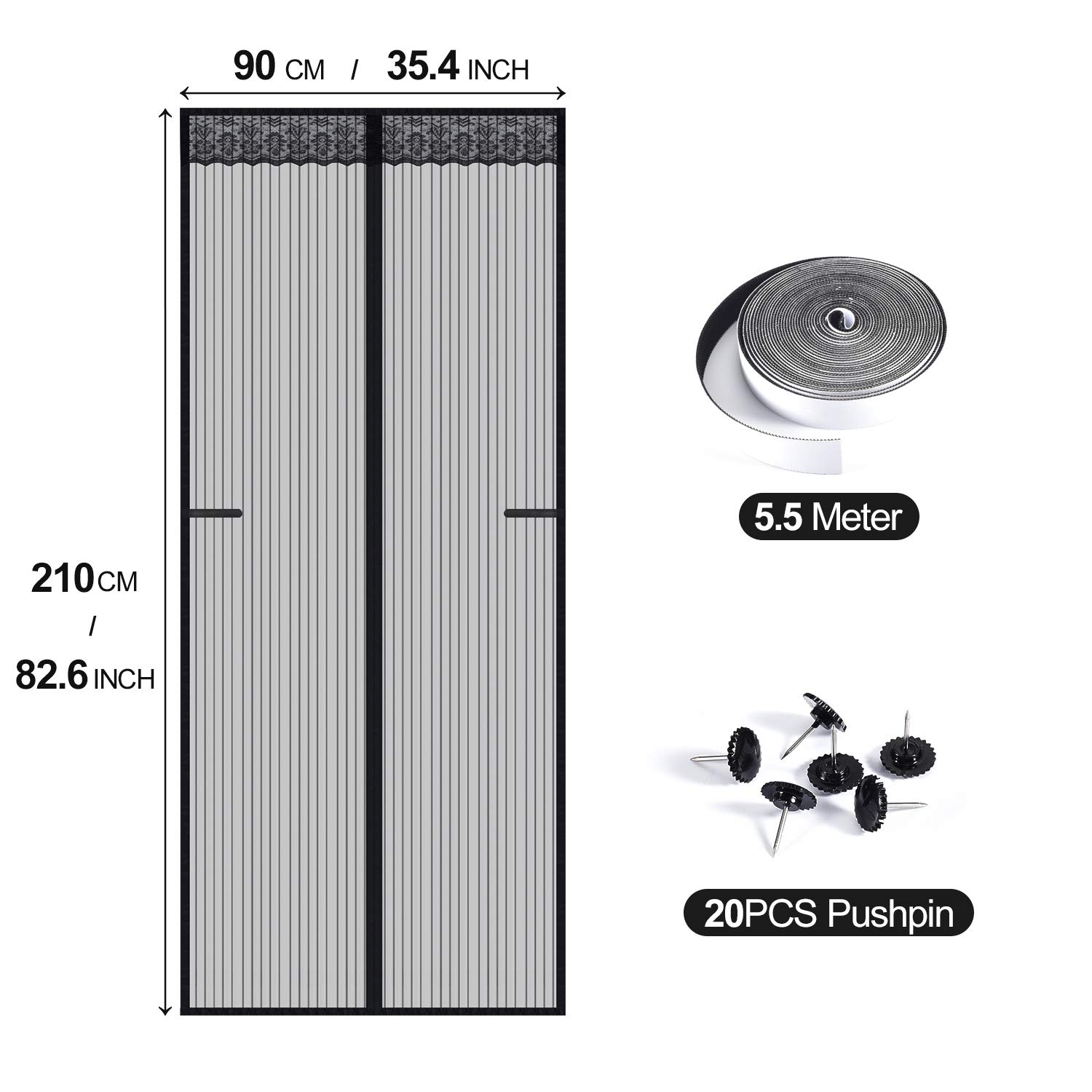 Magnetic Fly Screen Door, Insect Screen Mesh Curtain with Powerful Magnets and Full Frame Magic Tape Bug Protection and Keep Fresh Air Fits Door Up to 90 x 210cm, 35\