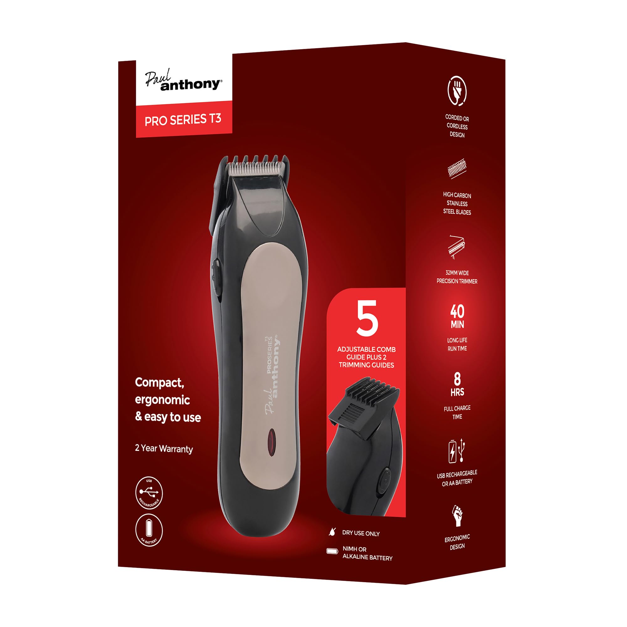 Paul Anthony Pro Series T3 Beard and Neckline Trimmer - 25mm Precision Detail Trimming - High Carbon Stainless Steel Blades - 2-10mm Adjustable Comb Guide - Fixed Trimming Guides 3/5mm - H5123 - Black