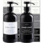 Hand and Dish Soap Dispenser for Kitchen and Bathroom, Set of 2 16 Oz Glass Bottles, Stainless Steel Pumps, Non-Slip Silicone Base, 27 Waterproof Labels (Gloss Black Bottle/Black Pump)