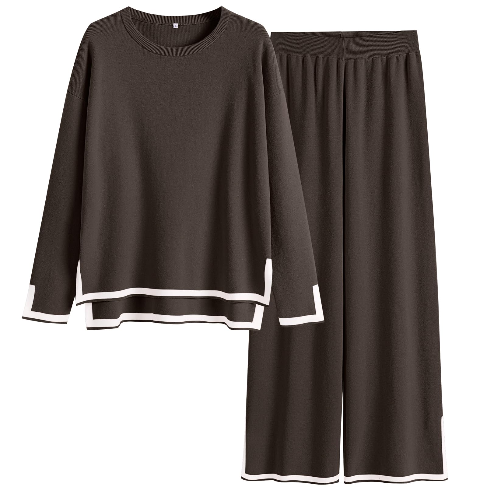 Photo 1 of ANRABESS Women's Two Piece Outfits Long Sleeve Knit Pullover Sweater Tops & Wide leg Pants Casual Lounge Matching Sweatsuit Tracksuits Sets Coffee Medium