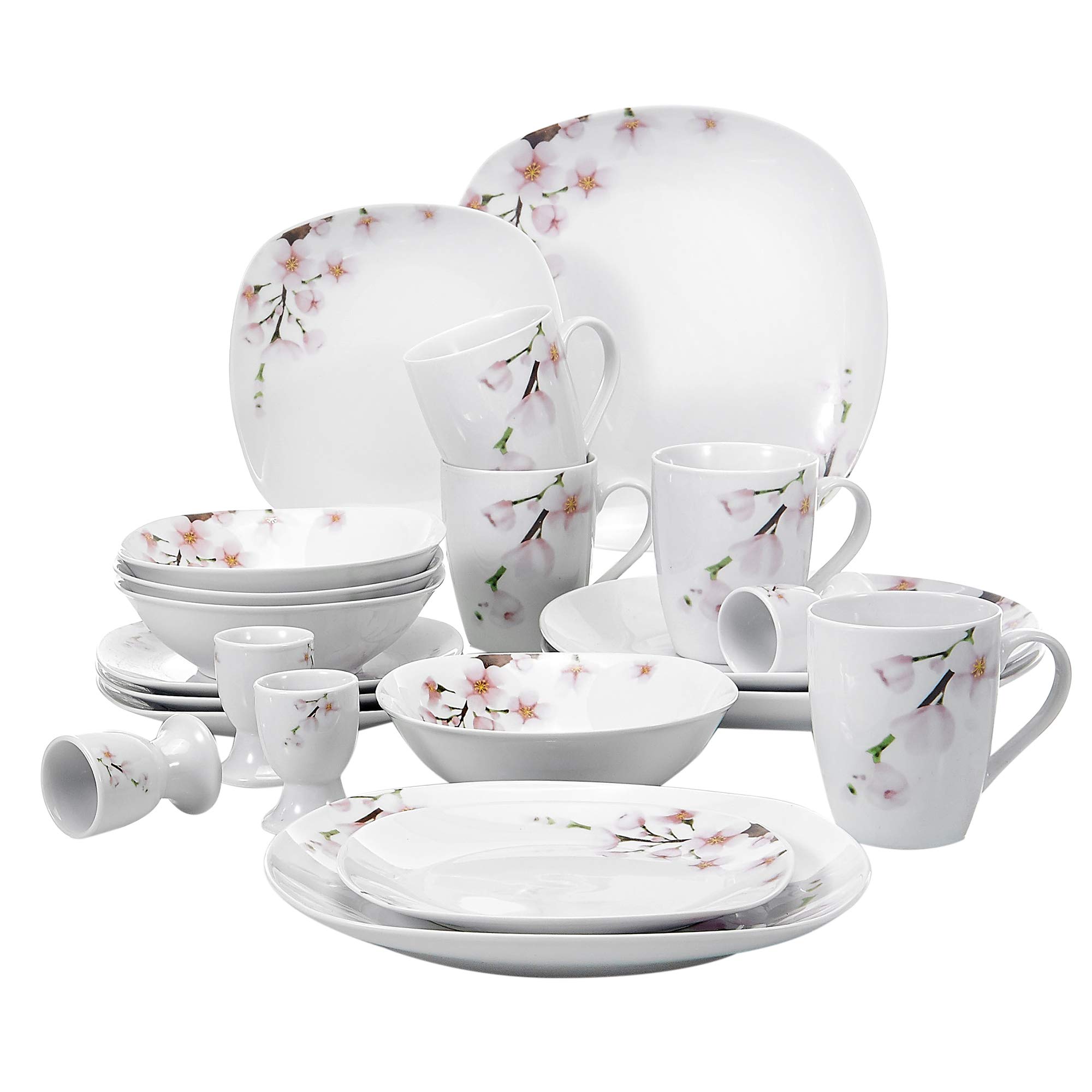 VEWEET Service for 4 Ivory White Floral Pattern Dinner Plate Bowl Set (Annie Series), 20-Piece