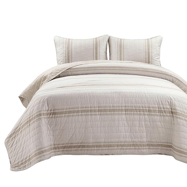 LUSH DECOR FARMHOUSE STRIPE REVERSIBLE COTTON QUILT QUEEN SIZE 3 PIECE SET FULL/QUEEN NEUTRAL – FARMHOUSE BEDDING SET QUEEN QUILT – STRIPED BEDDING
