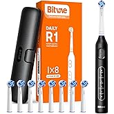 Bitvae R1 Rotating Electric Toothbrush with 8 Brush Heads for Adults and Kids, 60-Day Battery Life, 5 Modes Rechargeable Power Toothbrush with 2-Minute Smart Timer, Black