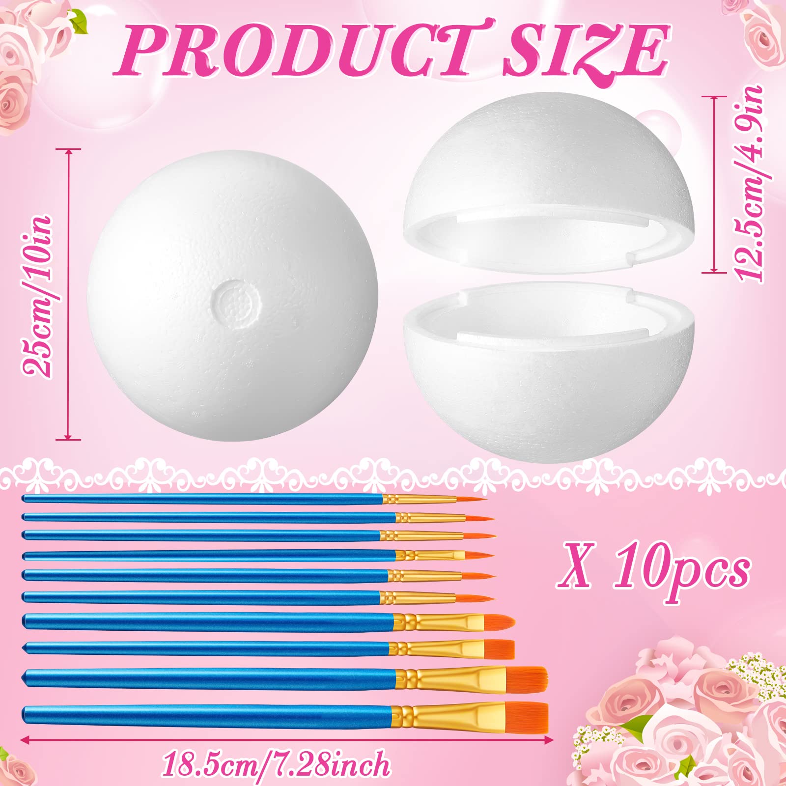 Fabbay 2 Pcs Hollow Half Foam Balls for Crafts - White Half Sphere Foam Balls with 10 Acrylic Paint Brushes Set for Kids Adults Artists Painting Supplies(10 Inch)