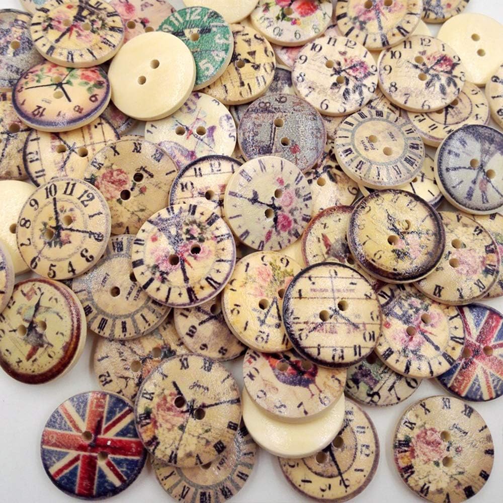 ZEJEUER 100pcs Clock Wood Wooden Buttons Round 2 Holes for Sewing Crafting 20mm ZJ001 (100Pcs Vintage)