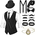 SATINIOR 1920s Mens Costume Roaring Costumes Outfit with 20s Gangster Vest Hat Pocket Watch Suspenders