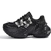 LUCKY STEP Women's Chunky Sneakers Platform Fashion Rhinestone Sparkly Dad Walking Shoes Butterfly Lace Wedge Casual Shiny Thick Sole Footwear