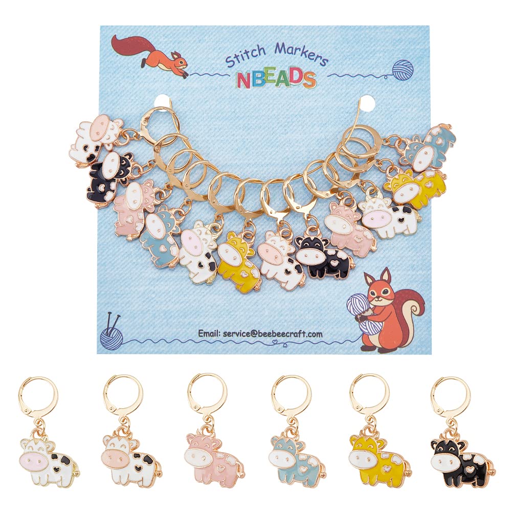 NBEADS 12 Pcs Cow Stitch Markers, 6 Colors Alloy Enamel Cow Crochet Stitch Marker Charms Removable Locking Stitch Marker for Knitting Weaving Sewing Accessories Quilting Handmade Jewelry — image 1