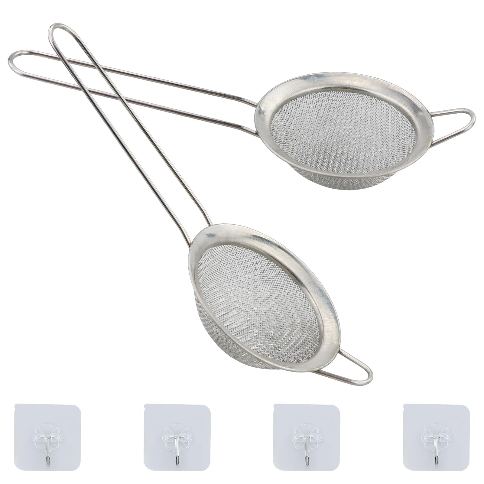 2 Small Stainless Steel Fine Mesh Strainers with Kitchen Hooks, 8 cm Diameter Mini Fine Mesh Sieve Tea Strainers Kitchen Colander Sieve with Handle - Ideal for Juice Egg Tea Coffee Flour Filter