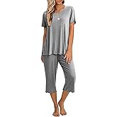 Ekouaer Women's Pajamas Set Short Sleeve Top With Capri Pants Pjs 2 PIece Lounge & Sleepwear Set S-XXL
