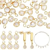 PH PandaHall 50pcs Cubic Zirconia Charms, 18K Gold Plated Round Crystal Charm Pendants Brass Crystal Pendants with Loops for Necklace Bracelet Dangle Earrings Jewelry Making DIY Crafts, 7.5x4.5mm
