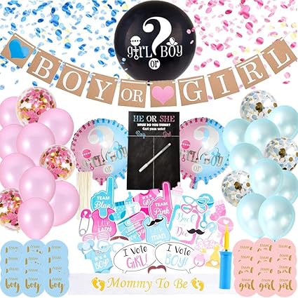 Amazon Com Baby Gender Reveal Party Supplies Kit 113 Pcs Including Gender Reveal Game Poster With Erasable Pen Pump Baby Shower Decorations 36 Inch Black Balloon Pink Blue Confetti
