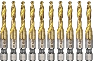uxcell 10pcs Combination Drill and Tap Bits Metric M5 x 0.8 Thread 1/4" Hex Shank Titanium Coated Threading Screw Taps 4341 H